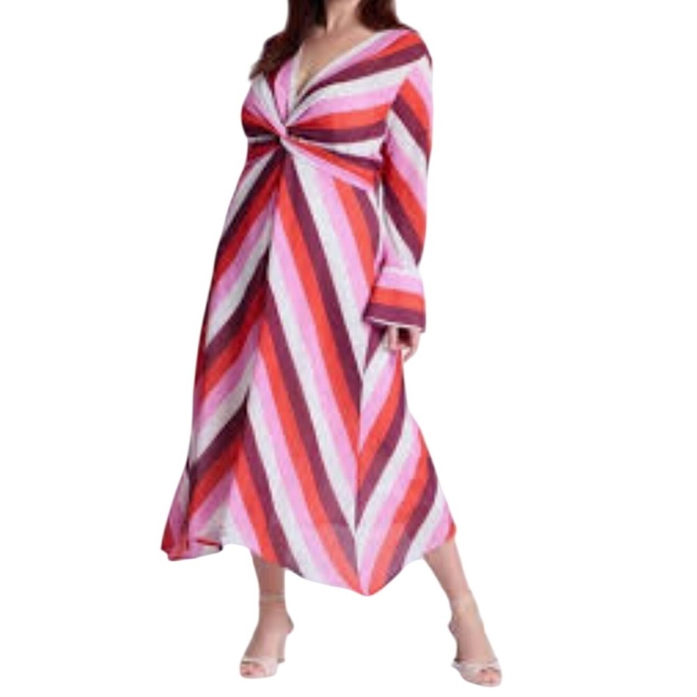 ELOQUII Twist Bodice Stripe Midi Dress Women 18 Pink Red Long Sleeve V-Neck New - Picture 1 of 13